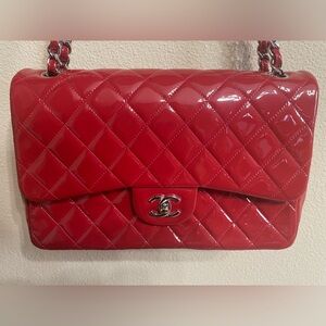 Chanel Classic Double Flap Bag Quilted Patent Jumbo Red [SOLD TO FASHIONPHILE]
